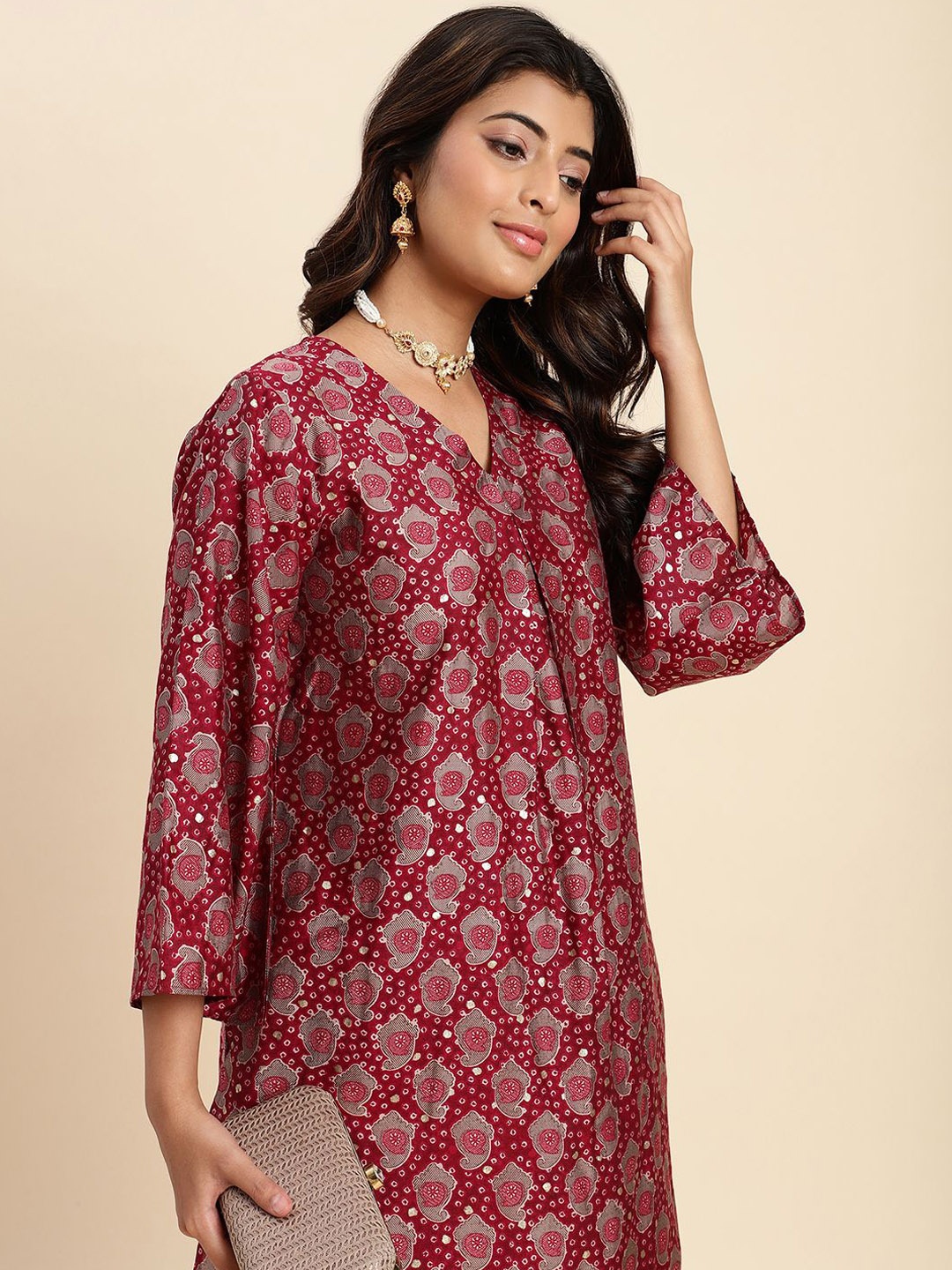 

V TRADITION Ethnic Motifs Printed Flared Sleeves Pure Cotton A-Line Kurti With Trousers, Red