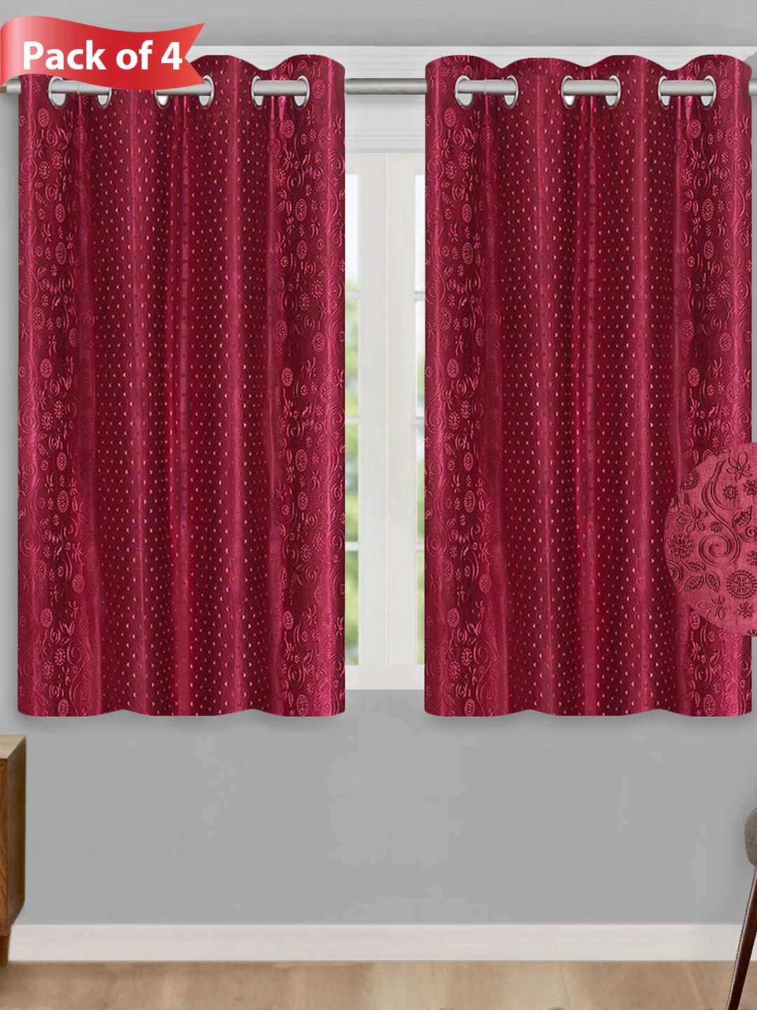 

Aura Maroon 4 Pieces Floral Printed Room Darkening Window Curtains