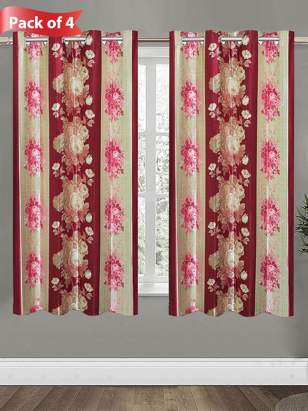 

Aura Maroon and Pink 4 Pieces Floral Printed Window Curtains