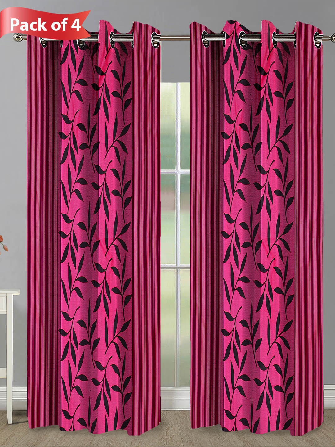Aura Pink & Black 4 Pieces Floral Printed Door Curtain