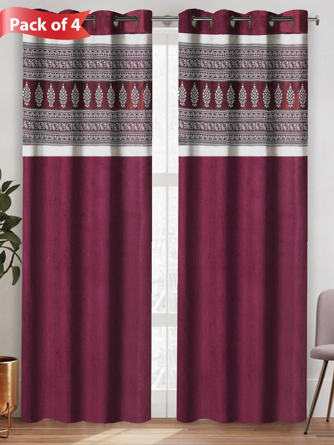 

Aura Maroon & Silver-Toned 4 Pieces Ethnic Motifs Printed Long Door Curtain
