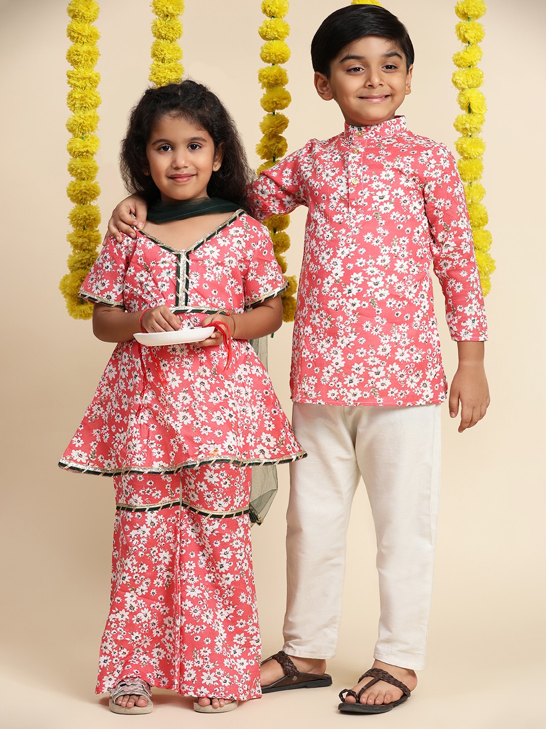 

Cutiekins Girls Floral Printed Empire Gotta Patti A-Line Kurti with Sharara & Dupatta, Coral