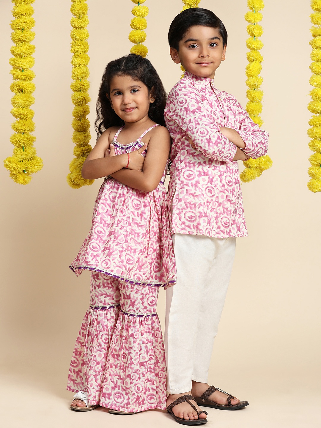 

Cutiekins Girls Floral Printed Shoulder Straps Gotta Patti A-Line Kurti With Sharara, Off white