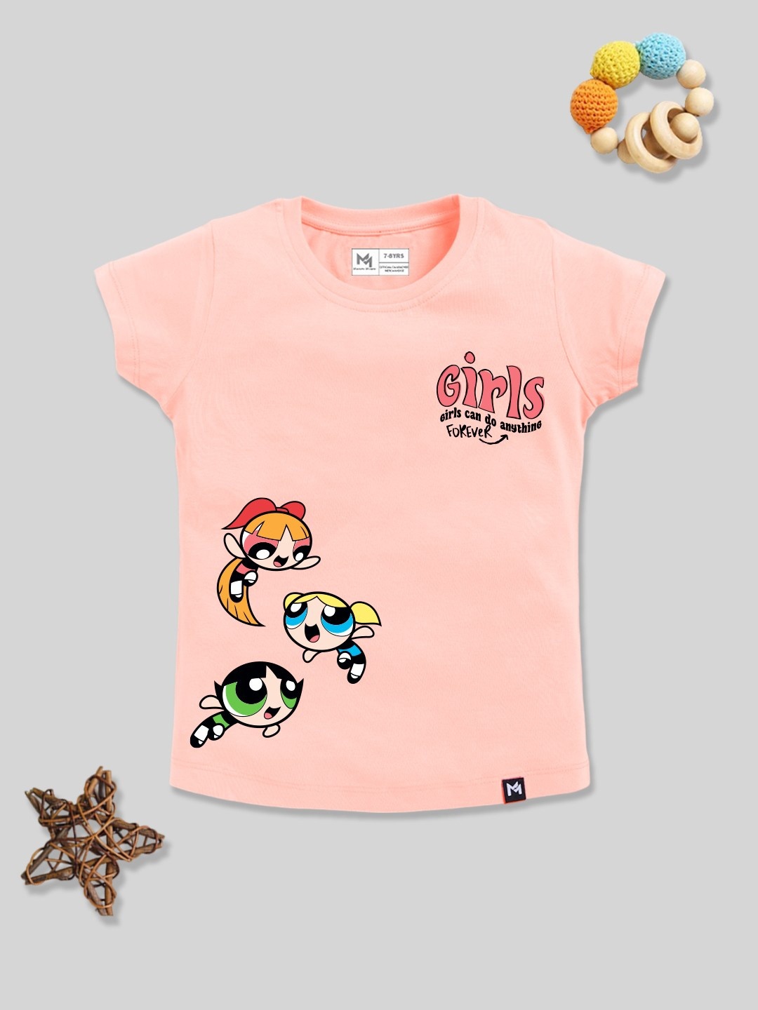 

YK X Minute Mirth Girls Powerpuff Girls Printed Pure Cotton T-shirt, Peach