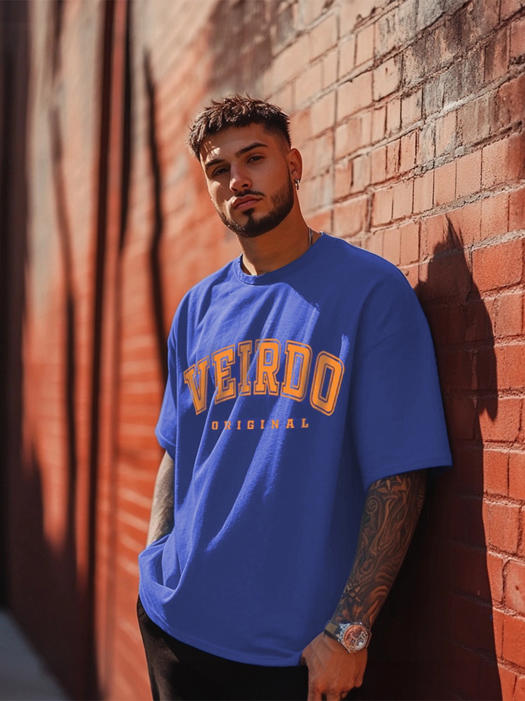 VEIRDO Men Typography Printed Round Neck Pure Cotton Oversized T-Shirt, Blue