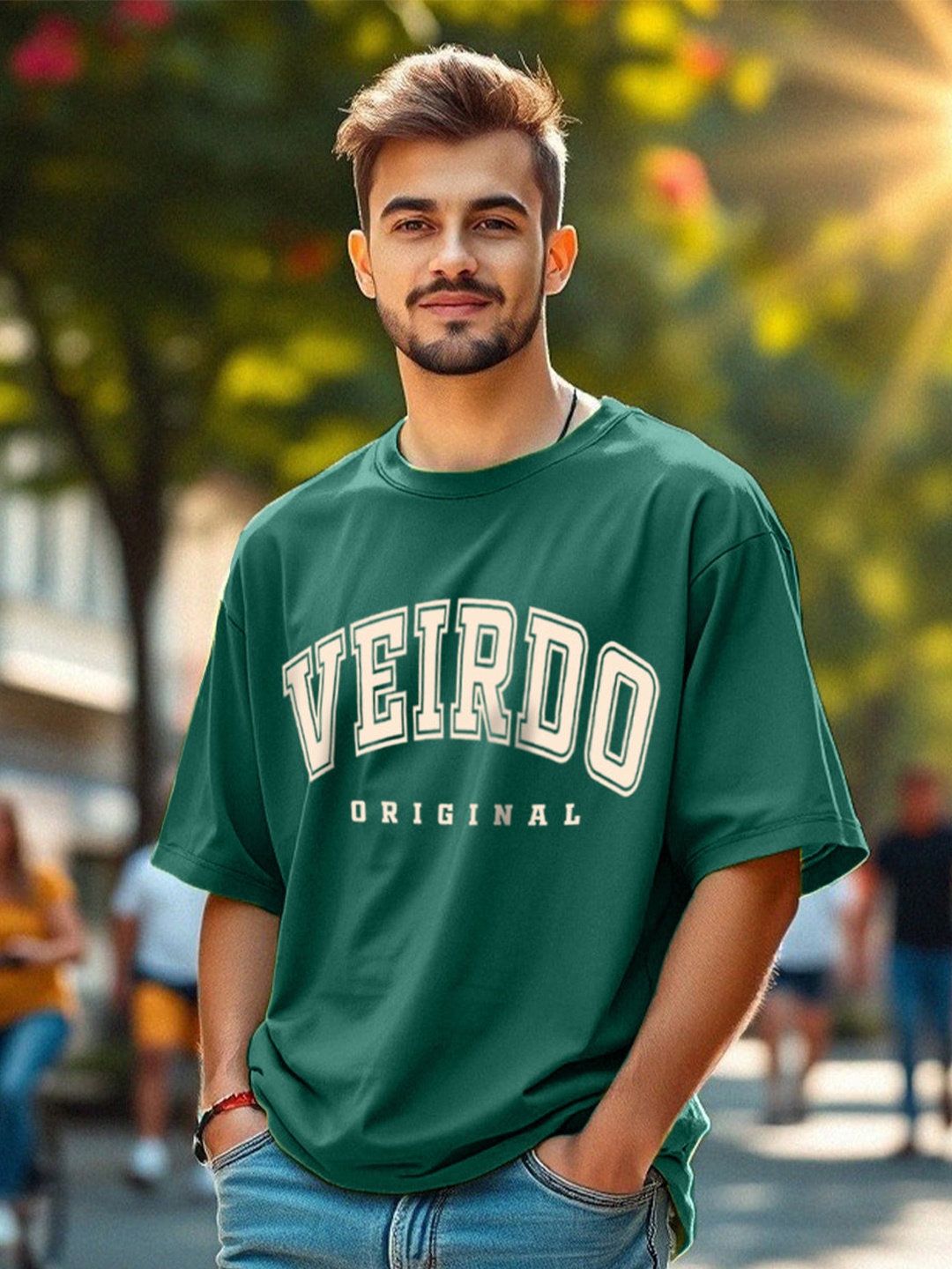 

VEIRDO Men Typography Printed Round Neck Pure Cotton Oversized T-Shirt, Green