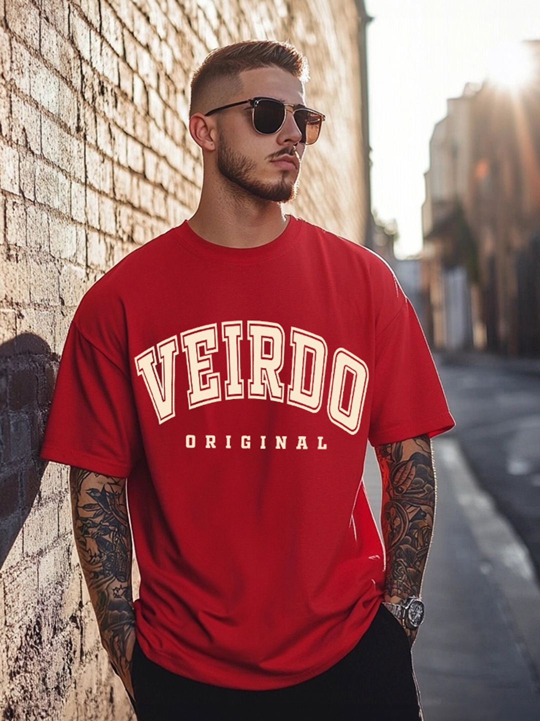 

VEIRDO Men Typography Printed Round Neck Pure Cotton Oversized T-Shirt, Red