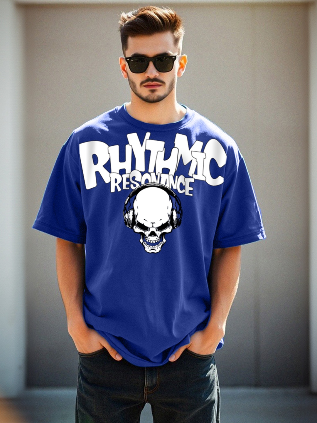 

VEIRDO Men Typography Printed Round Neck Pure Cotton Oversized T-Shirt, Blue