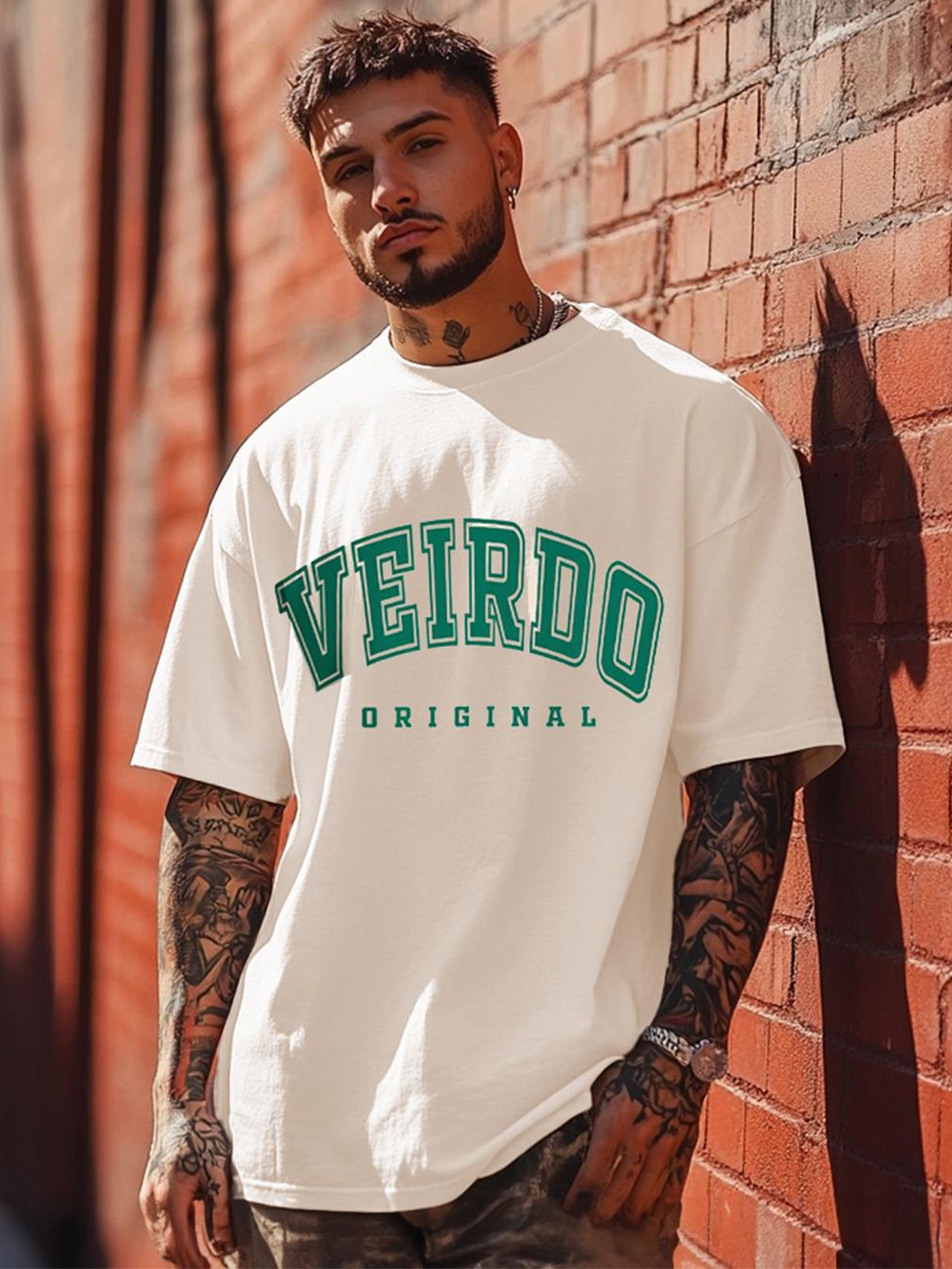 

VEIRDO Men Typography Printed Round Neck Pure Cotton Oversized T-Shirt, Beige