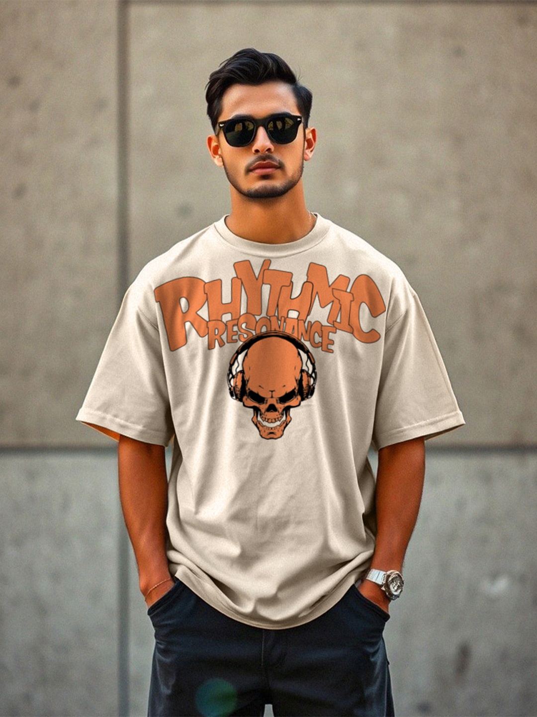 

VEIRDO Men Typography Printed Round Neck Pure Cotton Oversized T-Shirt, Beige