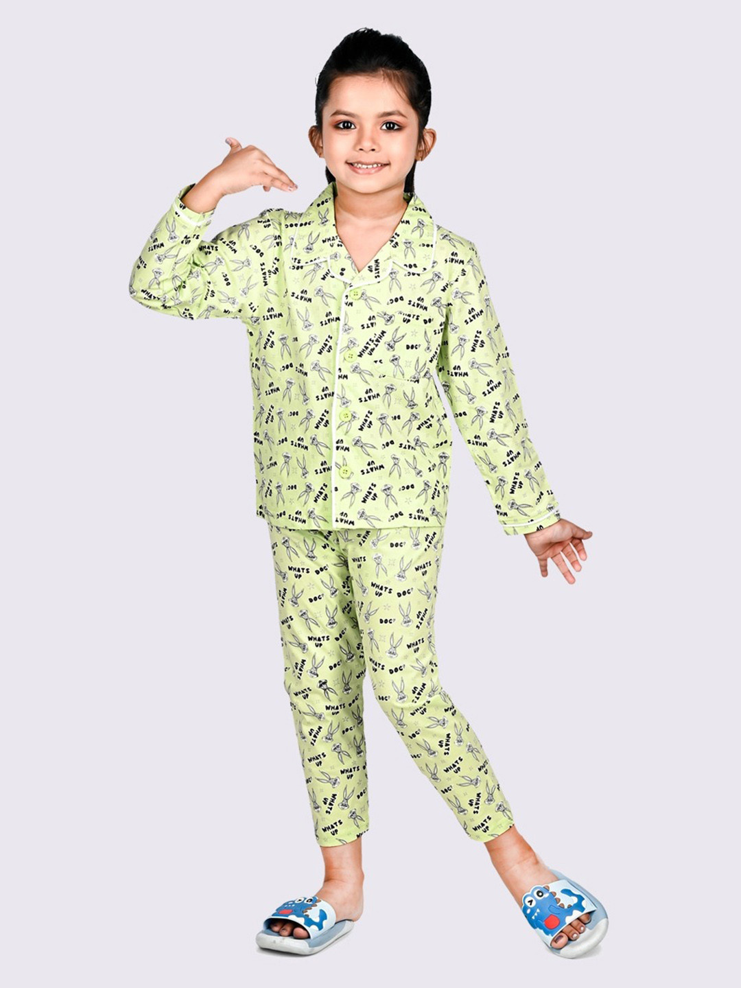 

Here&Now X Denikid Girls Pure Cotton Printed Shirt with Trousers, Sea green