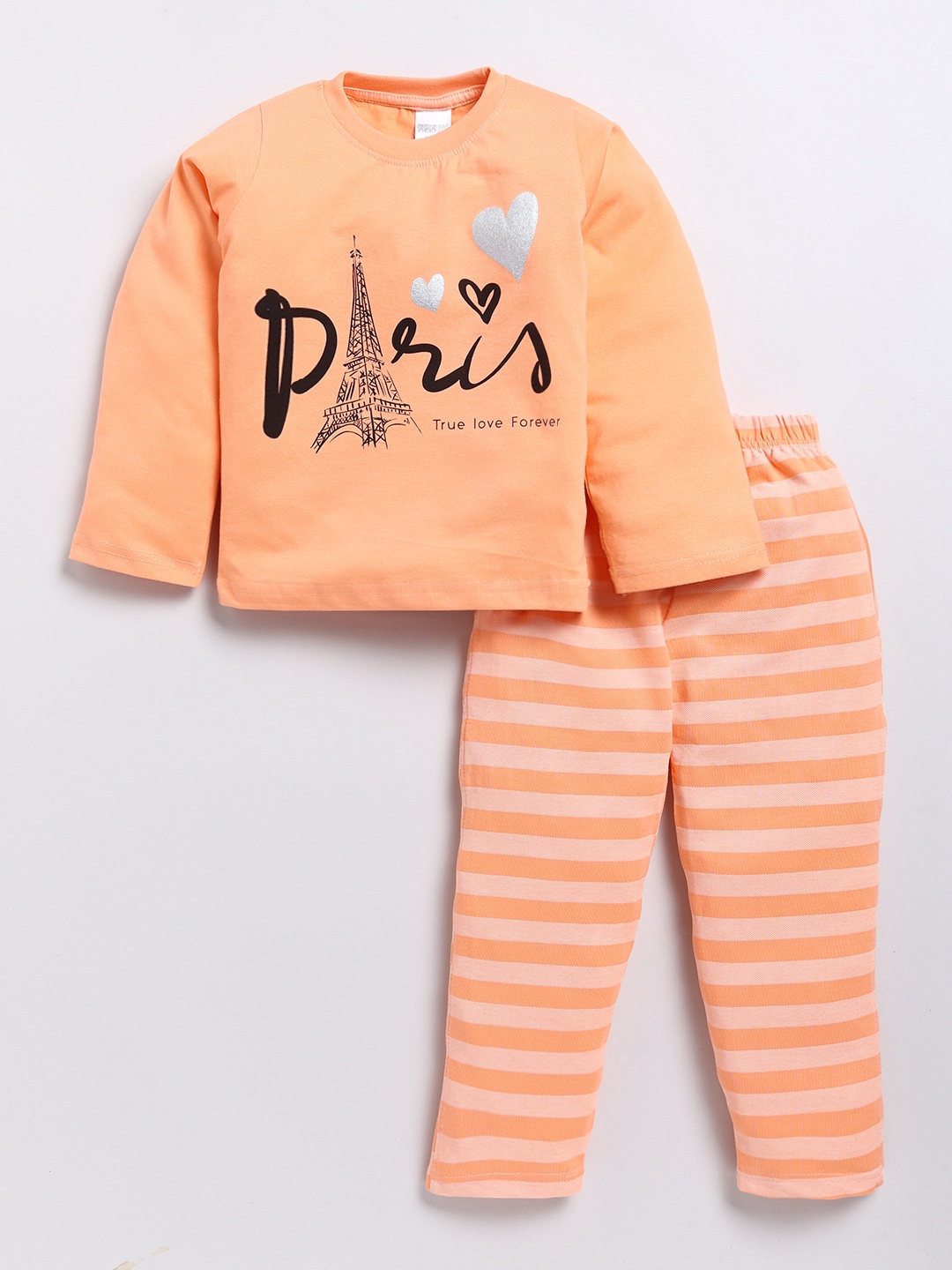 

Here&Now X Denikid Girls Cotton Printed T-shirt with Striped Leggings, Orange