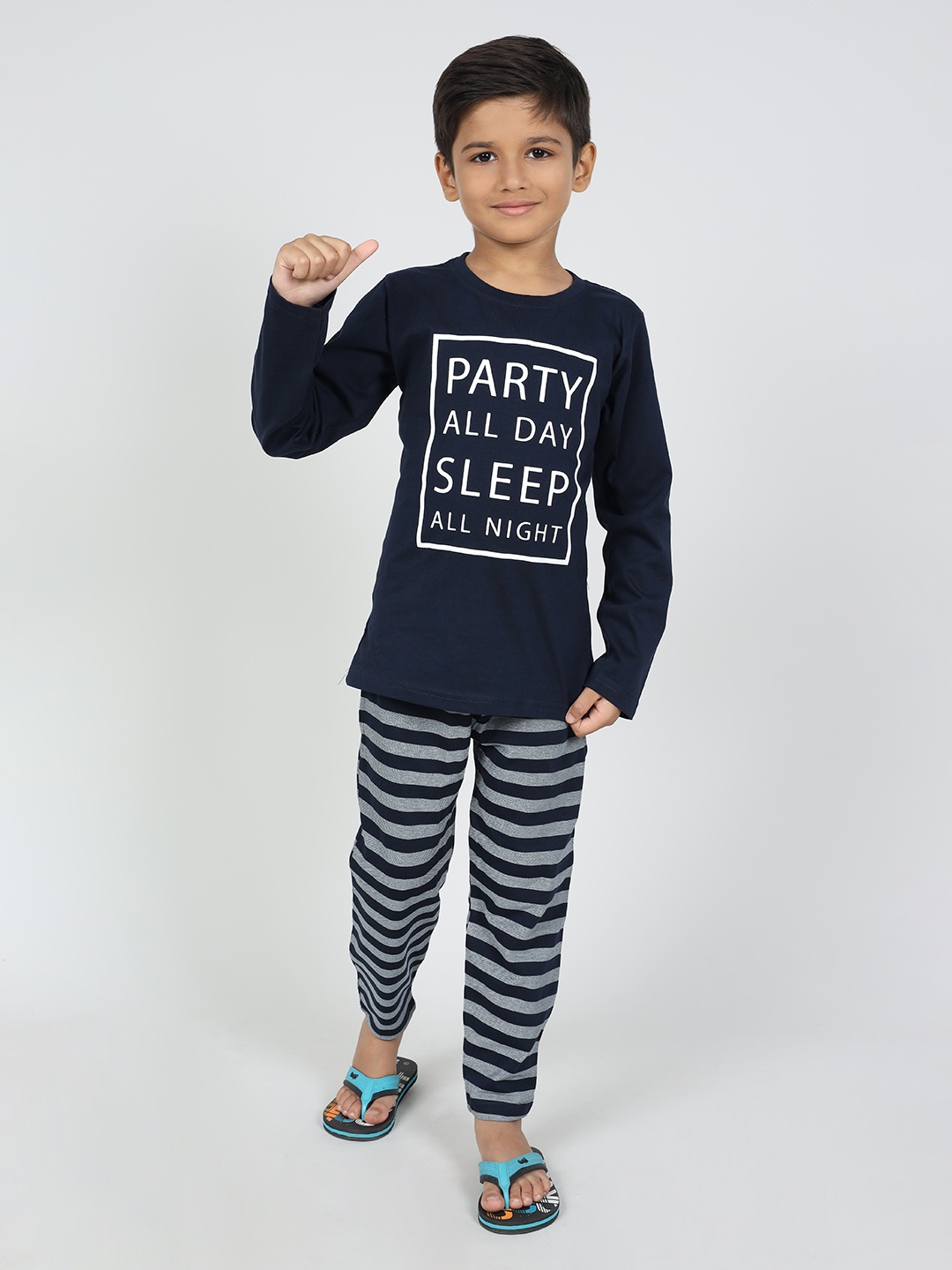 

Here&Now X Denikid Boys Cotton Printed Tshirt & Striped Leggings, Navy blue