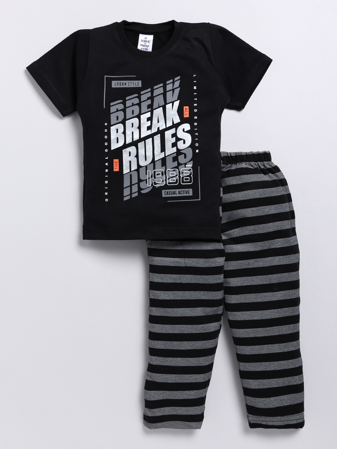 

Here&Now X Denikid Boys Cotton Printed Tshirt & Striped Leggings, Black