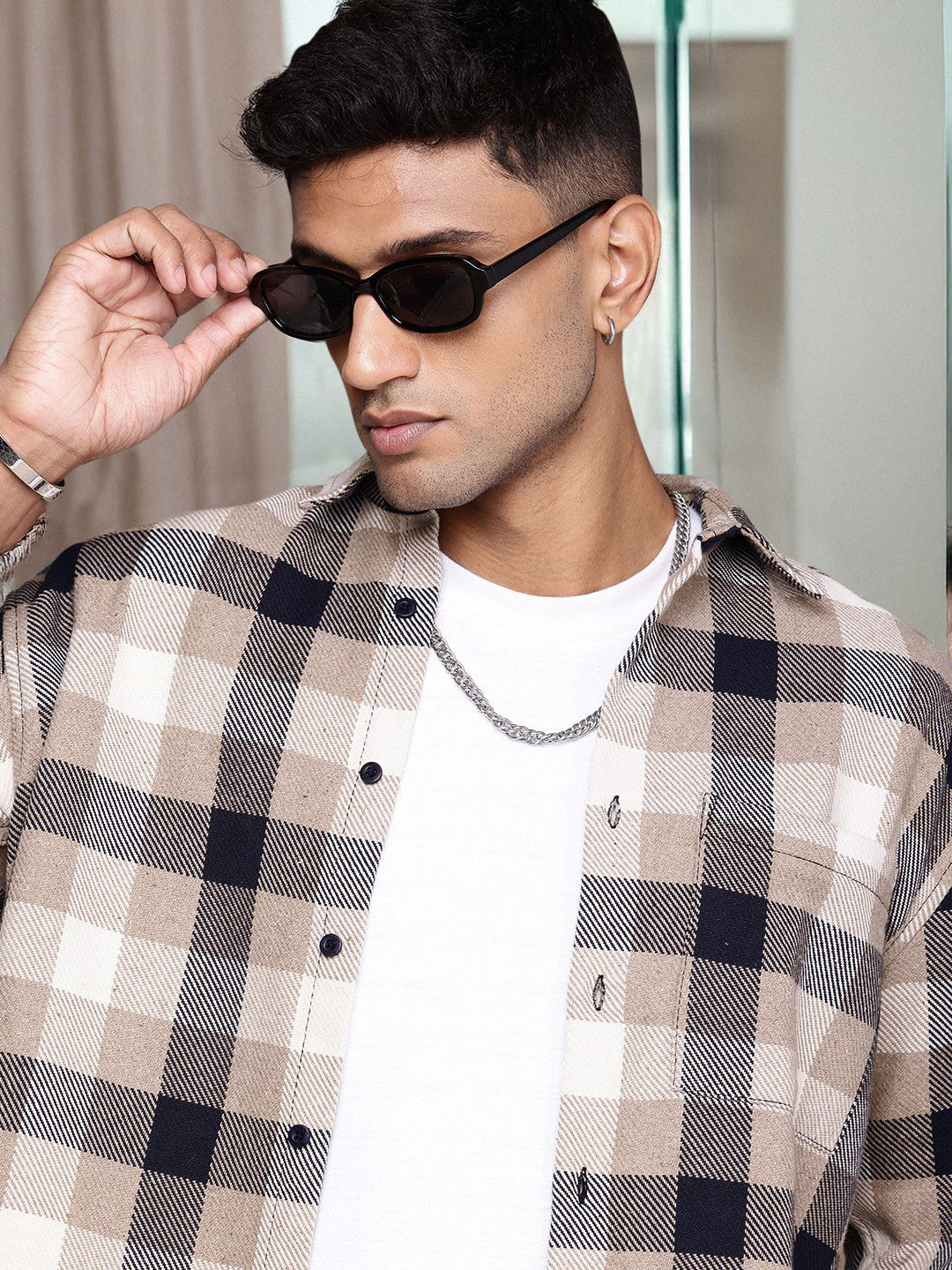 

The Roadster Life Co. Relaxed Fit Checked Drop-Shoulder Sleeves Casual Shacket, Taupe