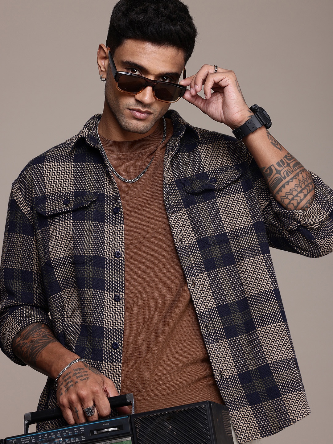 

The Roadster Life Co. Opaque Checked Casual Shacket, Beige