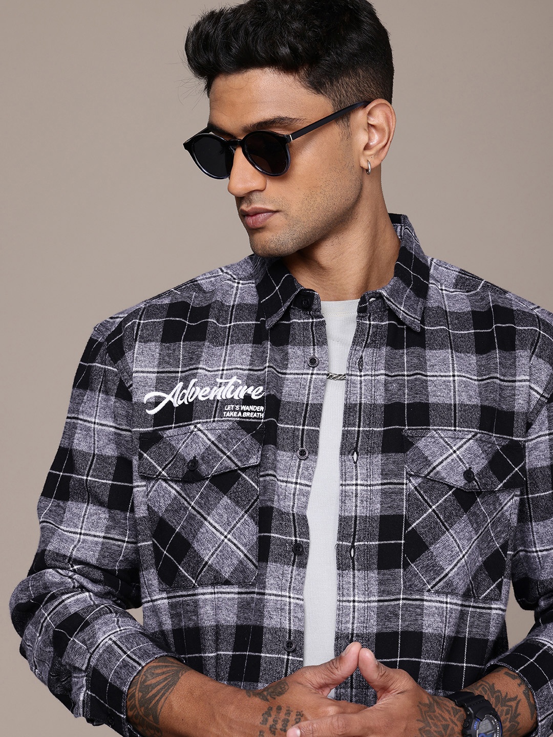 

The Roadster Life Co. Pure Cotton Checked Drop-Shoulder Relaxed Fit Twill Casual Shirt, Black