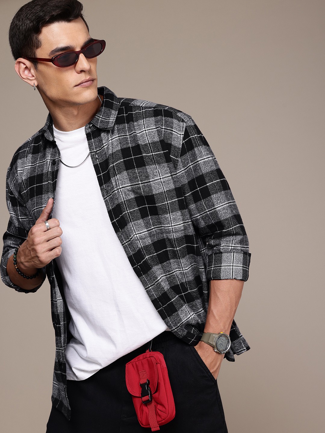 

The Roadster Life Co. Relaxed Fit Opaque Checked Pure Cotton Casual Shacket, Black