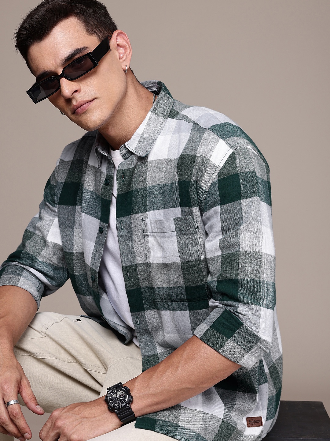 

The Roadster Life Co. Pure Cotton Opaque Checked Relaxed Fit Casual Shacket, Green