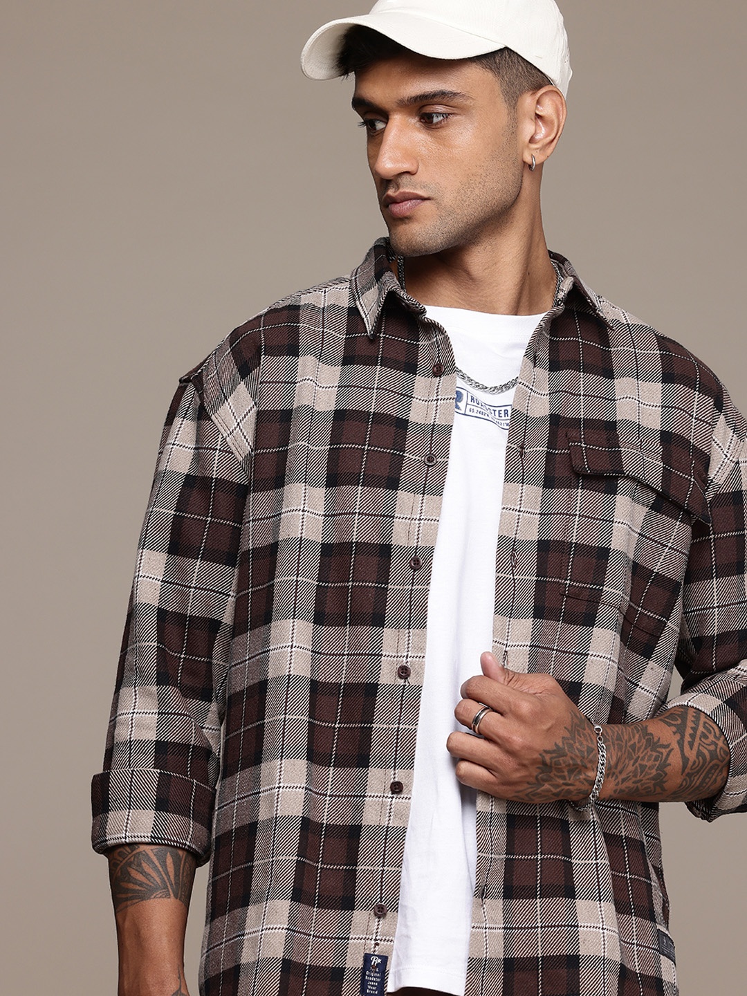 

The Roadster Life Co. Relaxed Fit Checked Casual Shacket, Brown