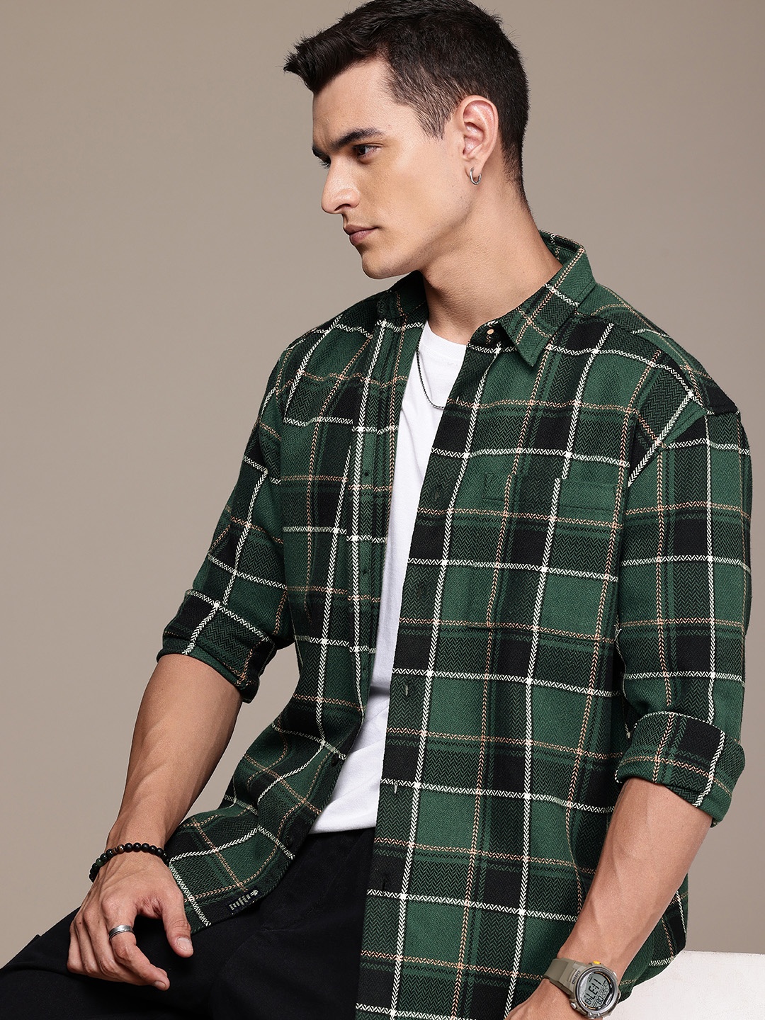 

The Roadster Life Co. Relaxed Fit Opaque Checked Casual Shacket, Green