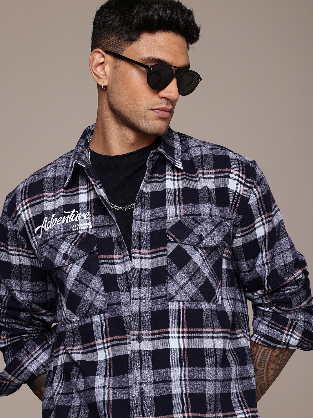 

The Roadster Life Co. Pure Cotton Checked Drop-Shoulder Relaxed Fit Twill Casual Shacket, Navy blue