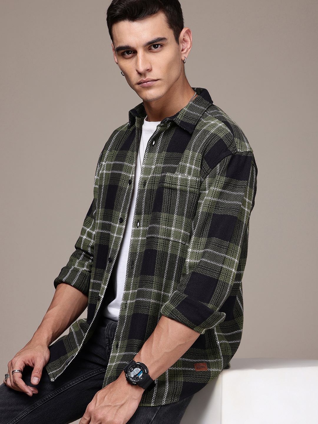 

The Roadster Life Co. Checked Relaxed Fit Casual Shacket, Olive