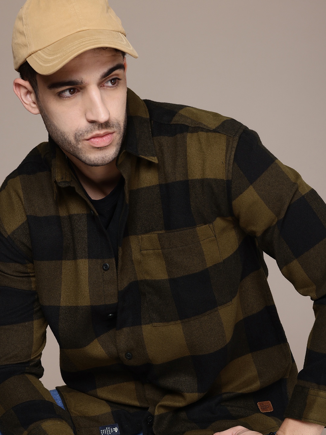 

The Roadster Life Co. Flannel Buffalo Checks Drop-Shoulder Relaxed Fit Casual Shirt, Olive
