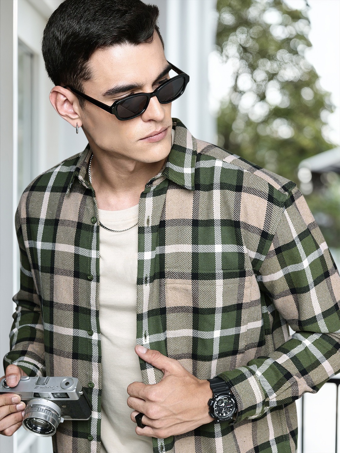 

The Roadster Life Co. Pure Cotton Opaque Checked Relaxed Fit Casual Shacket, Olive