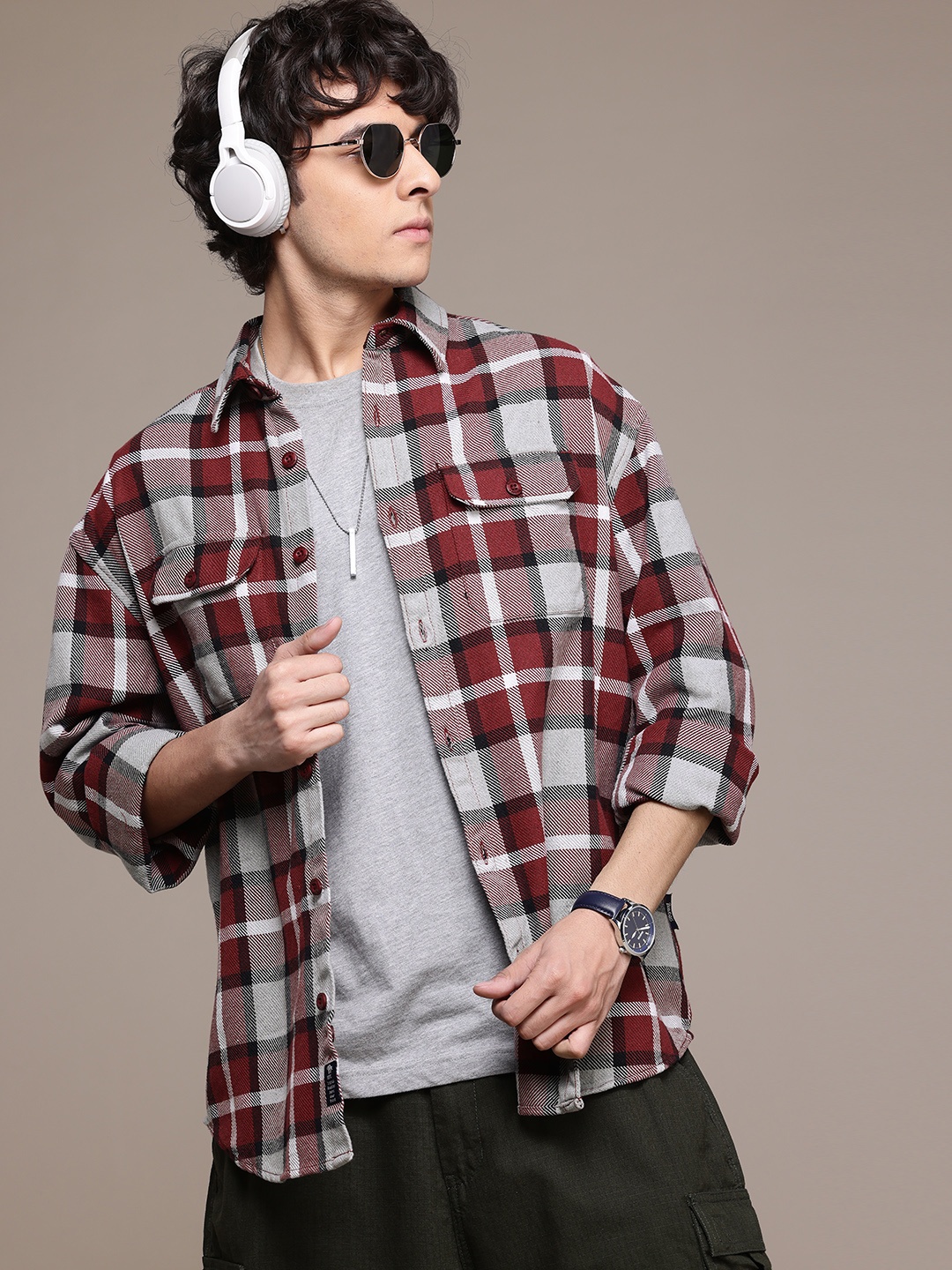 

The Roadster Lifestyle Co. Tartan Checks Casual Shacket, Maroon