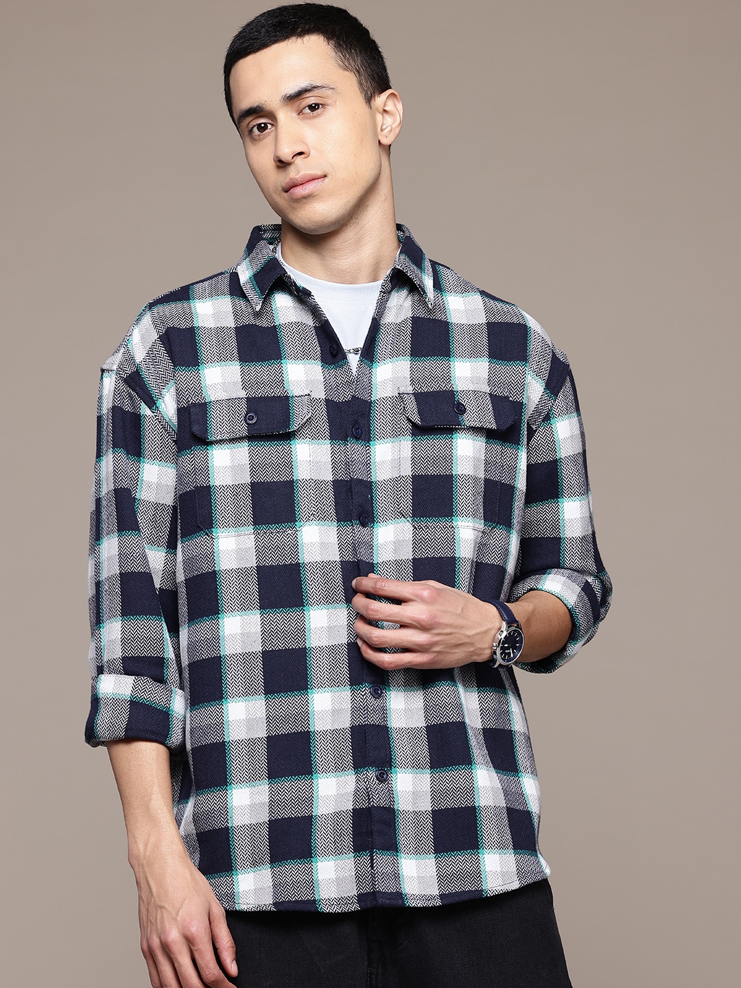

The Roadster Lifestyle Co. Checked Flannel Casual Shacket, Navy blue