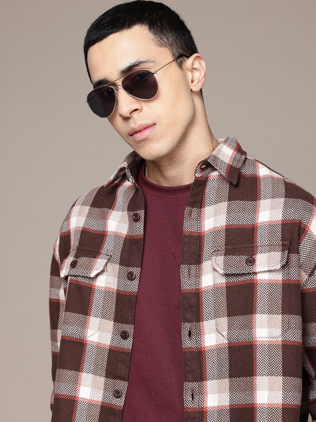 

The Roadster Lifestyle Co. Checked Flannel Casual Shacket, Brown