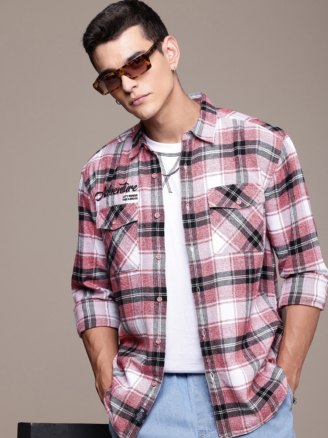 

The Roadster Life Co. Checked Relaxed Fit Pure Cotton Casual Shacket, Red