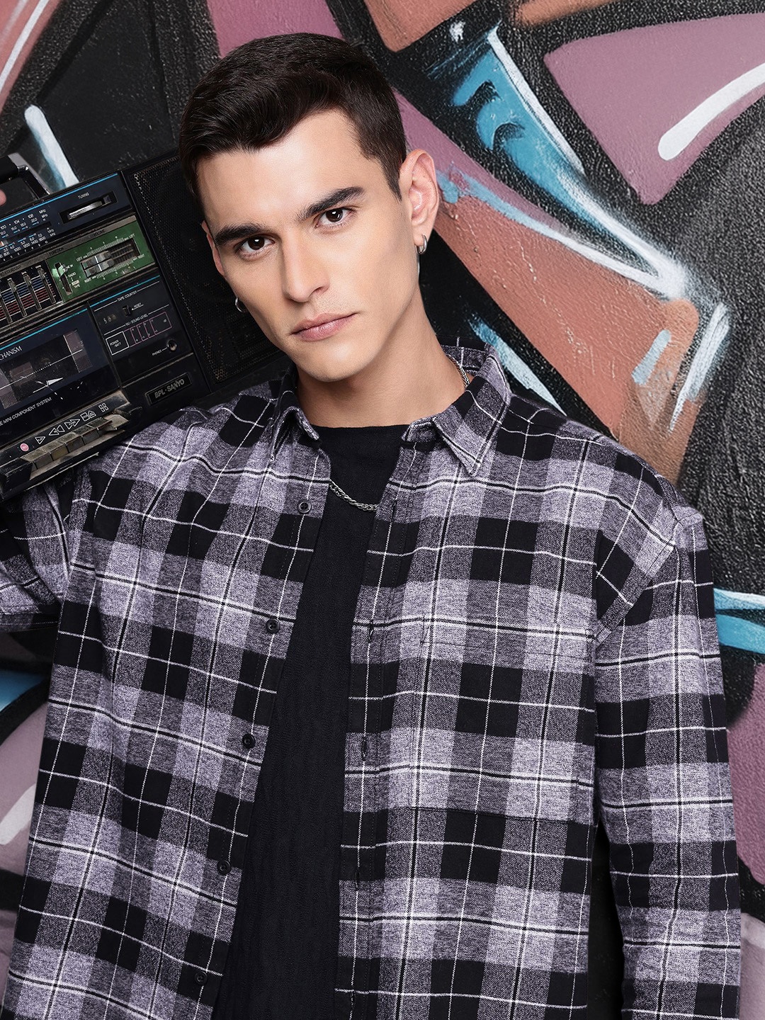 

Roadster Relaxed Fit Tartan Checks Opaque Pure Cotton Casual Shacket, Black