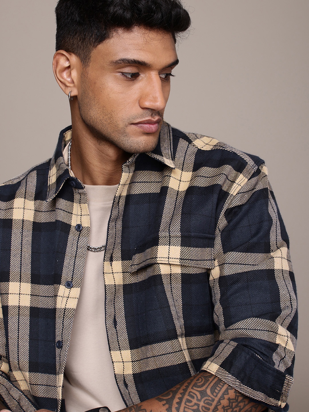 

The Roadster Life Co. Checked Relaxed Fit Casual Shacket, Navy blue