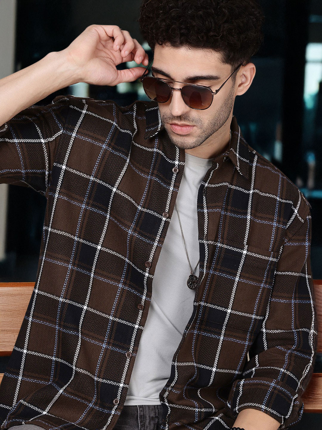 

The Roadster Life Co. Flannel Checked Drop-Shoulder Relaxed Fit Casual Shacket, Coffee brown