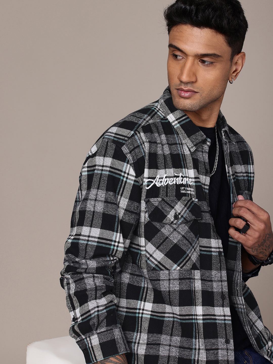 

The Roadster Life Co. Pure Cotton Checked Drop-Shoulder Relaxed Fit Twill Casual Shacket, Black