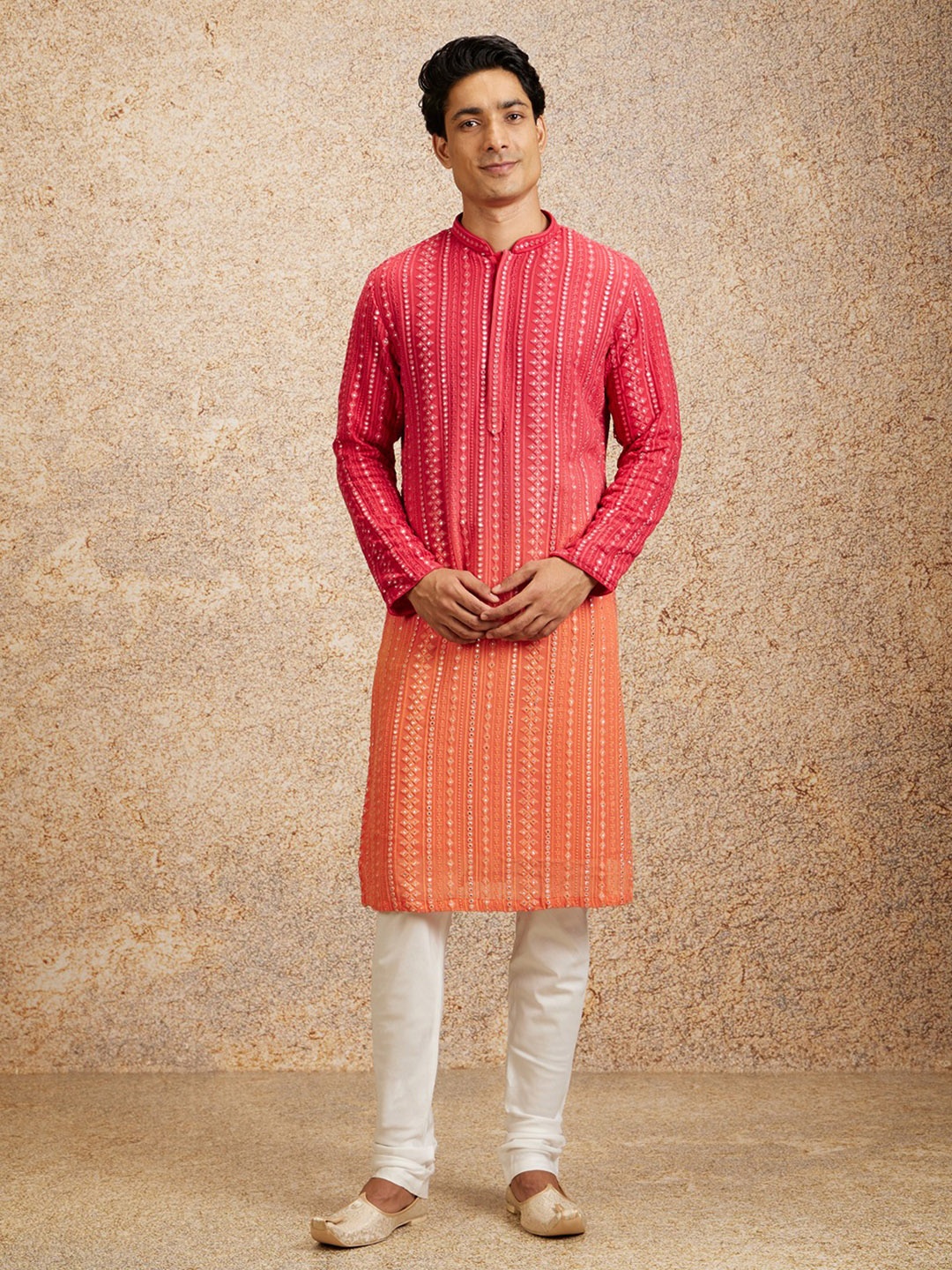 

Twamev Men Embroidered Regular Kurta with Churidar, Pink