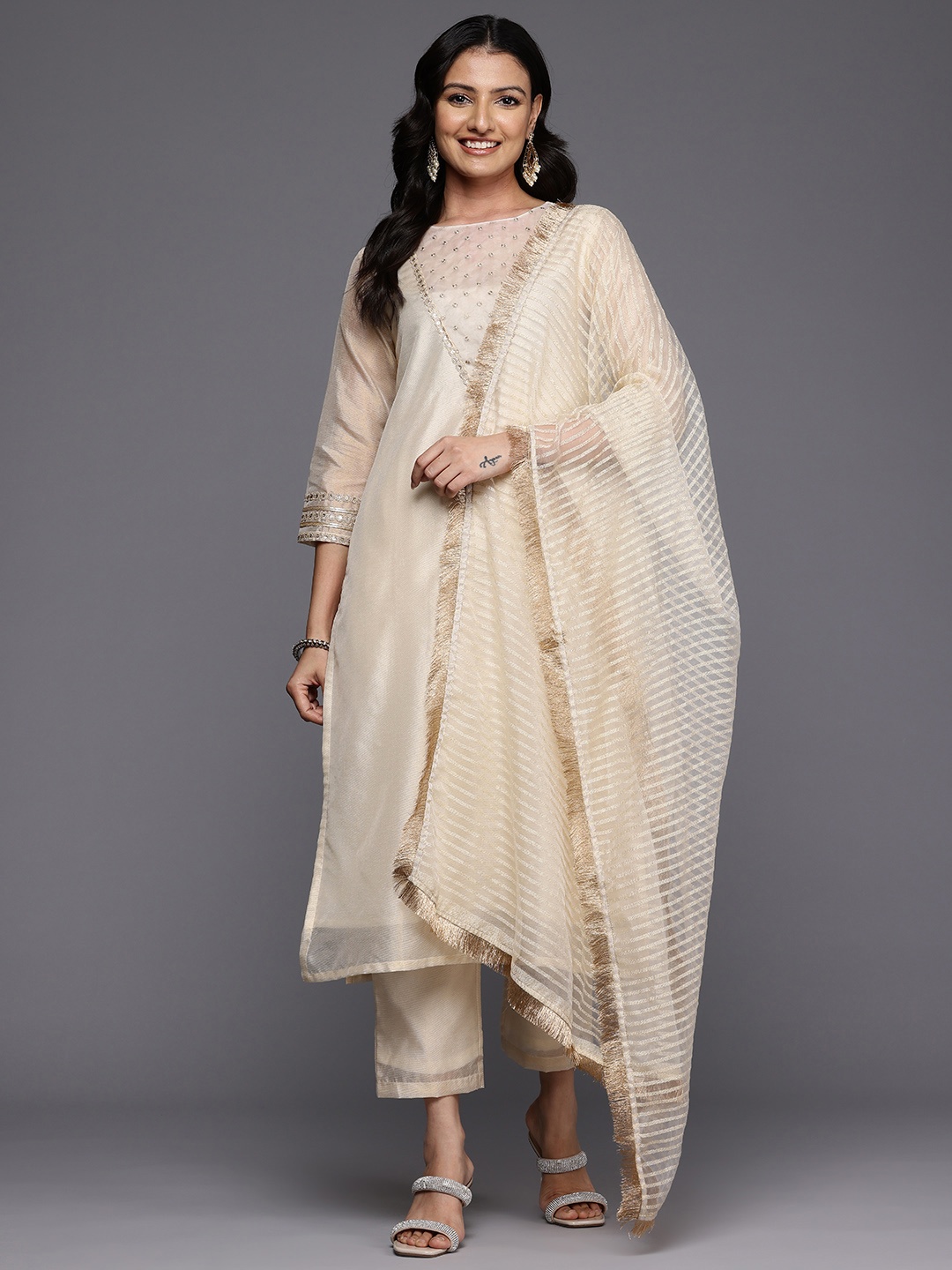 

Varanga Ethnic Motifs Yoke Design Sequinned Kurta With Trousers & Dupatta, Off white