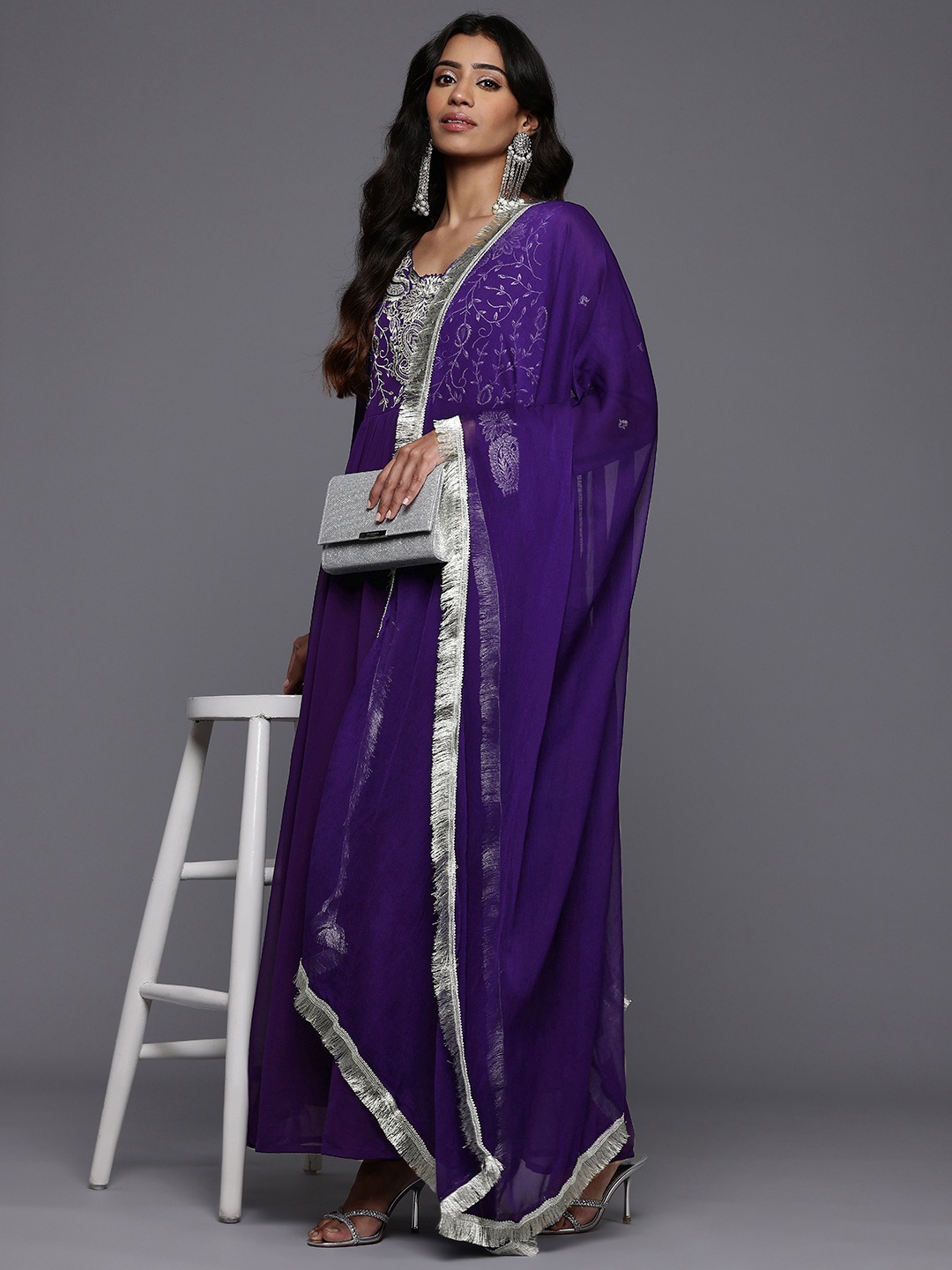 

Varanga Paisley Embroidered Zari Georgette Anarkali Kurta With Dupatta, Purple