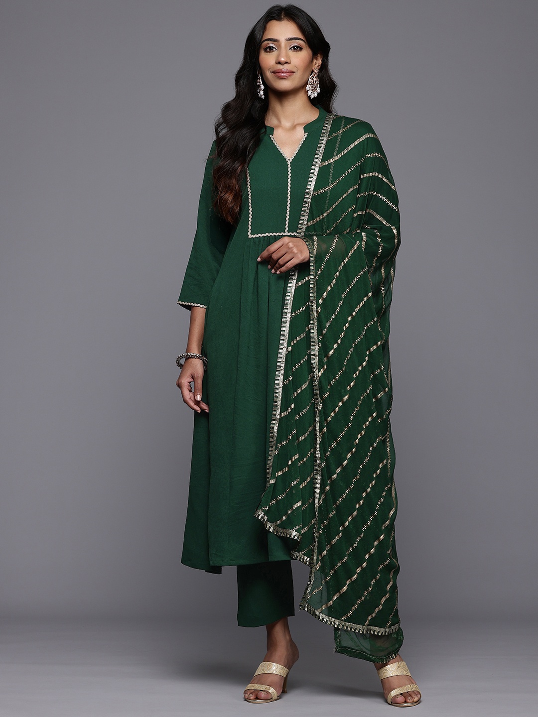 

Varanga Pleated Anarkali Gotta Patti Kurta With Trousers & Dupatta, Green