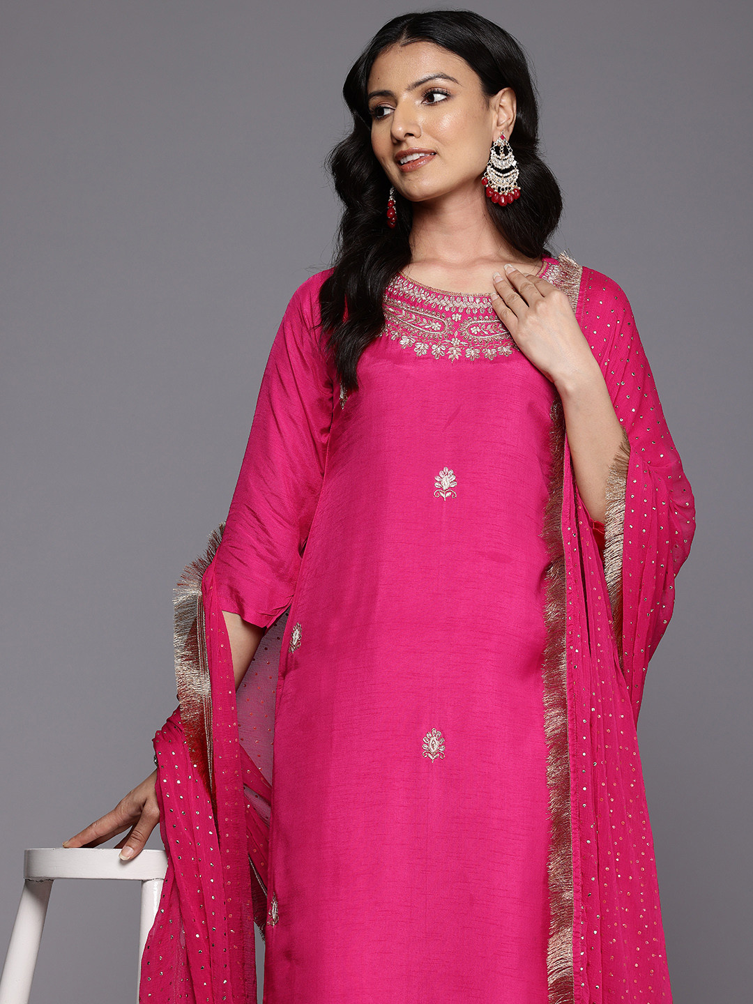 

Varanga Women Ethnic Motifs Zardozi Embroidered Kurta Trousers, and Dupatta, Pink