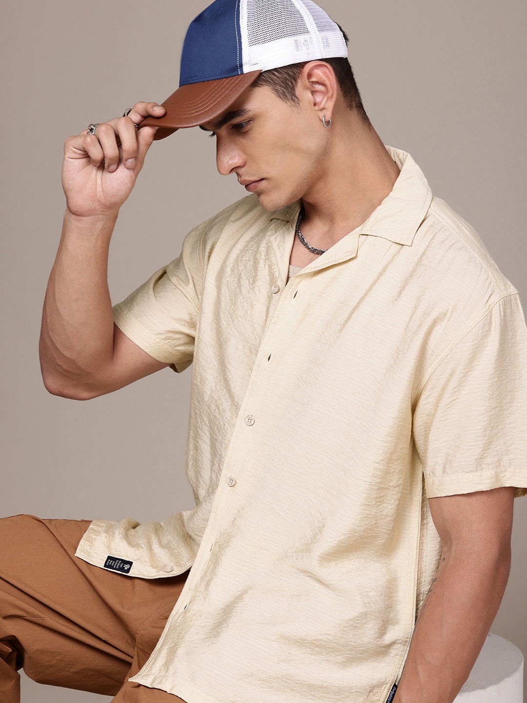 The Roadster Life Co. Self-Design Textured Drop-Shoulder Relaxed Fit Casual Shirt, Beige
