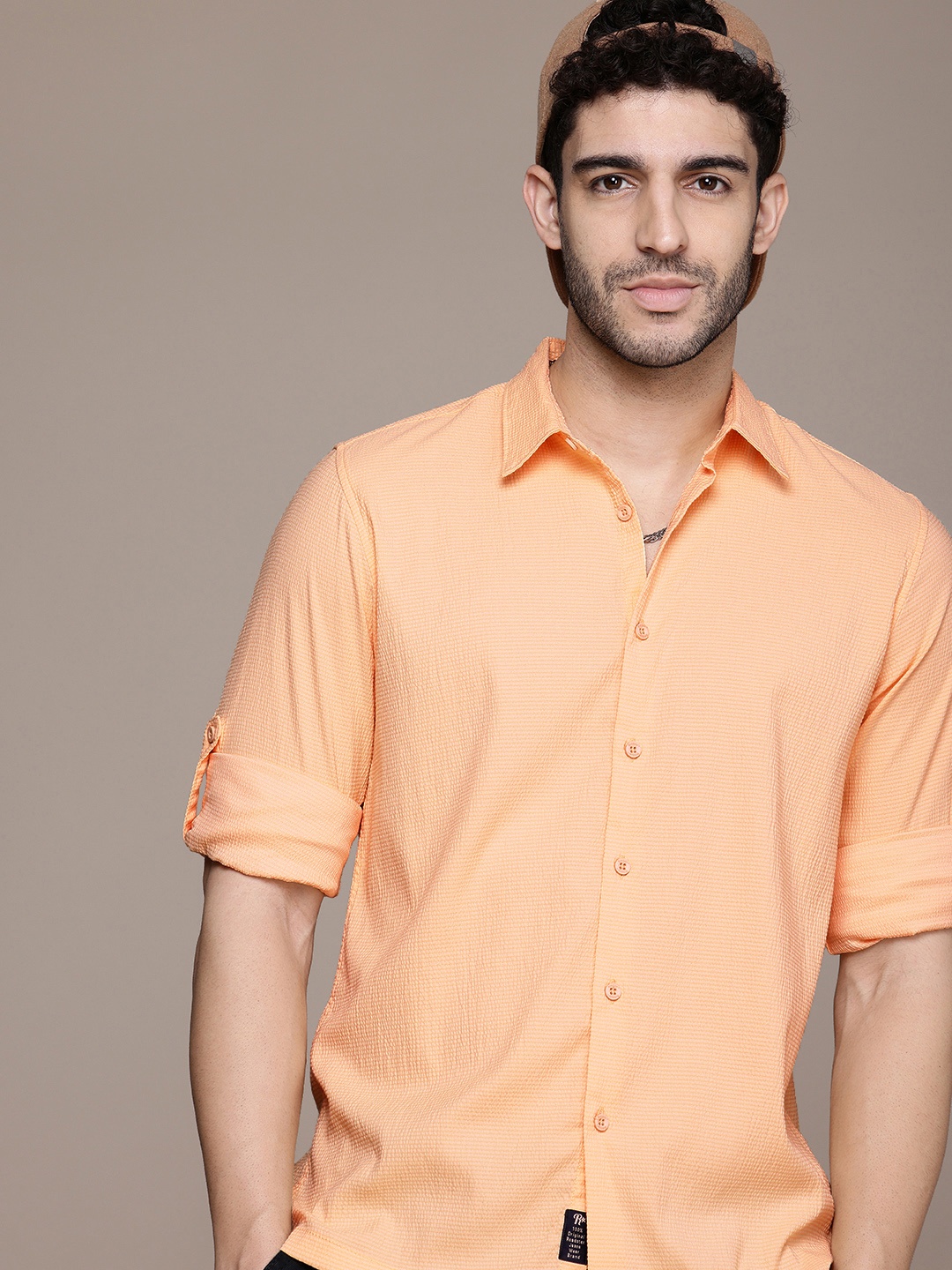 

The Roadster Life Co. Self Design Textured Casual Shirt, Orange