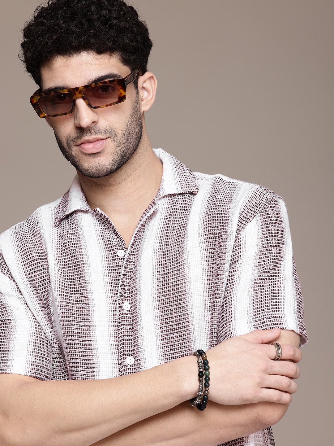 

The Roadster Life Co. Pure Cotton Knitted Striped Relaxed Fit Shirt, Brown