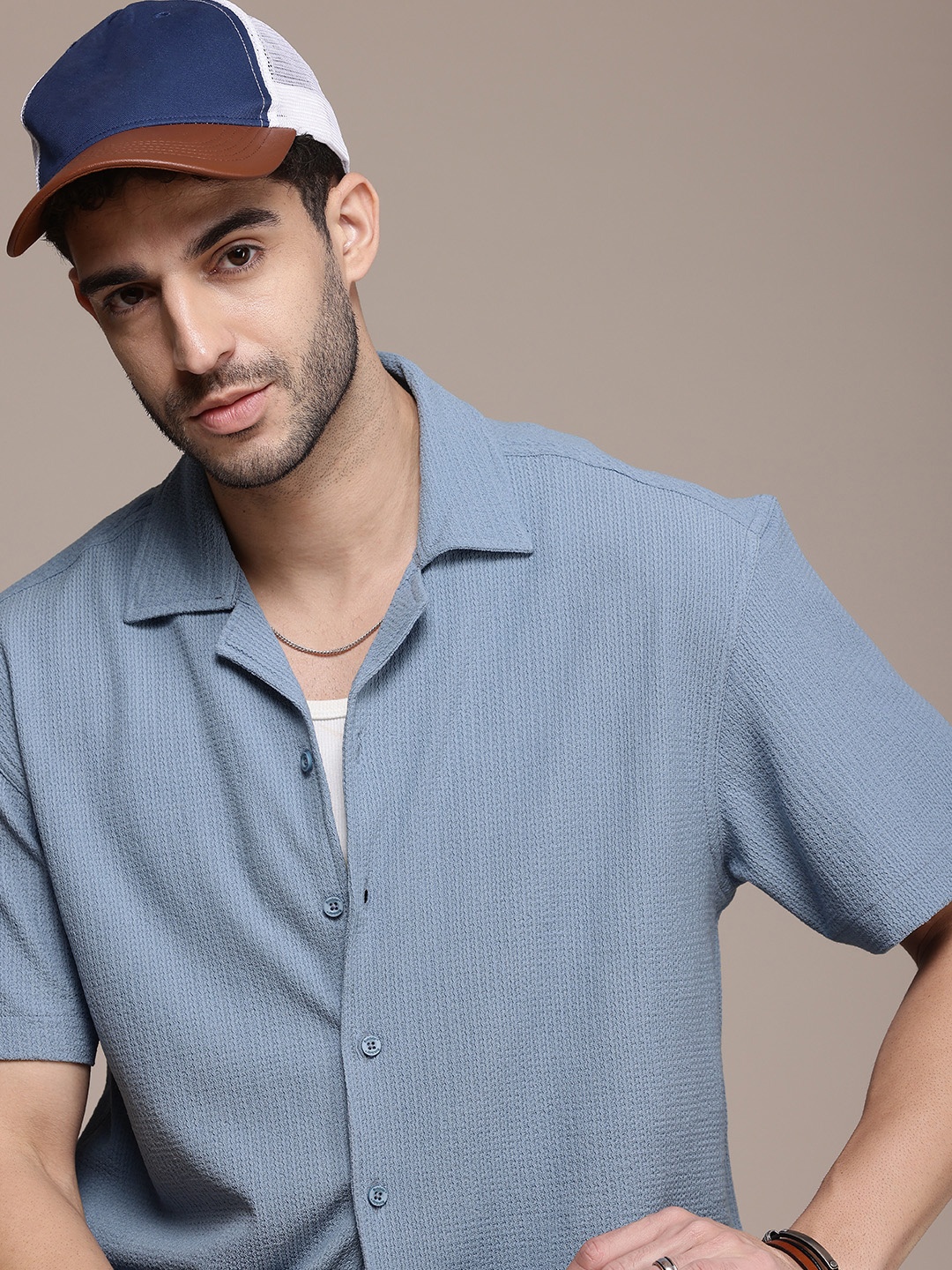 

The Roadster Life Co. Popcorn Texture Drop-Shoulder Relaxed Fit Casual Shirt, Blue