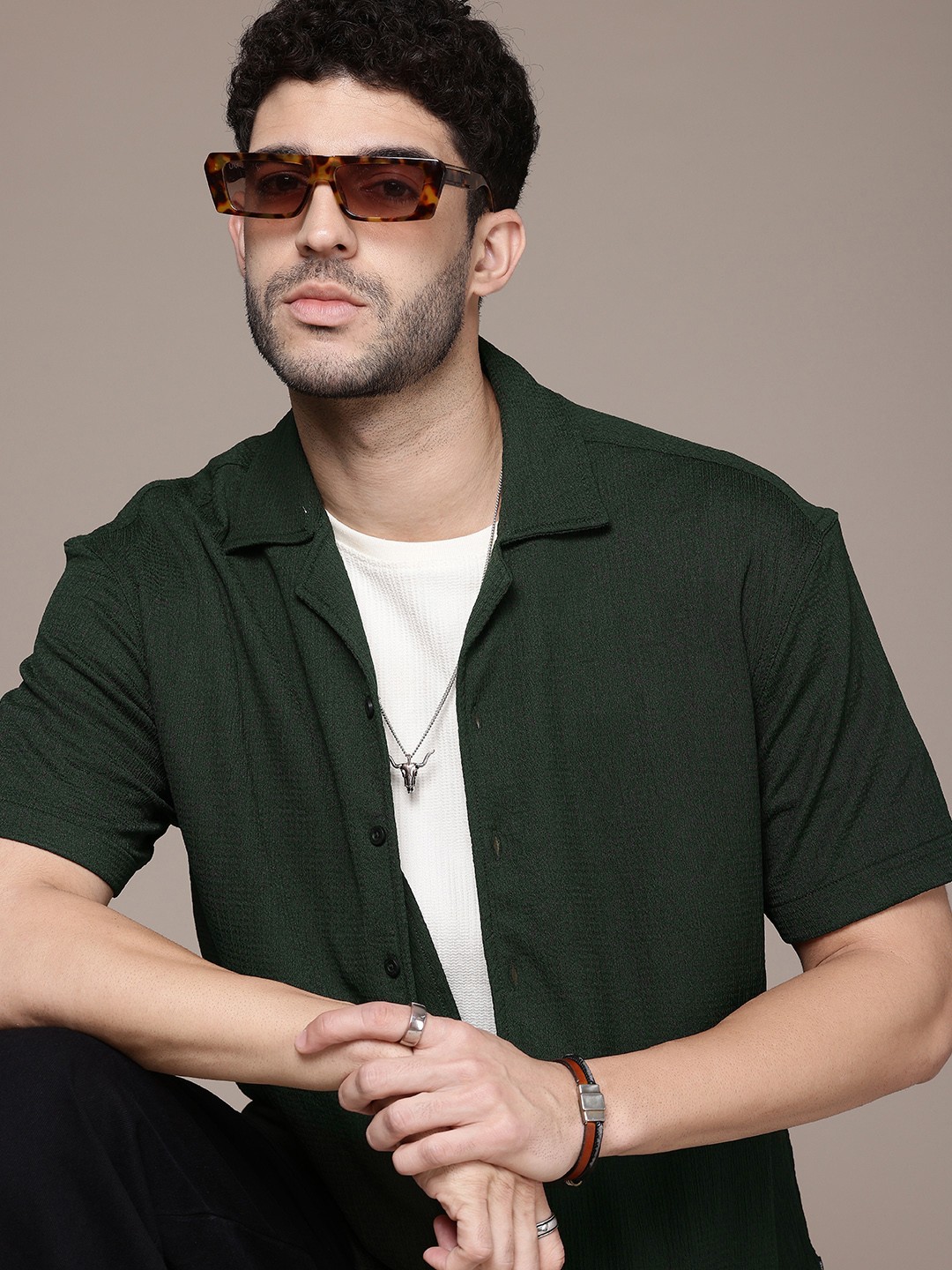 

The Roadster Life Co. Self-Design Textured Drop-Shoulder Relaxed Fit Casual Shirt, Green