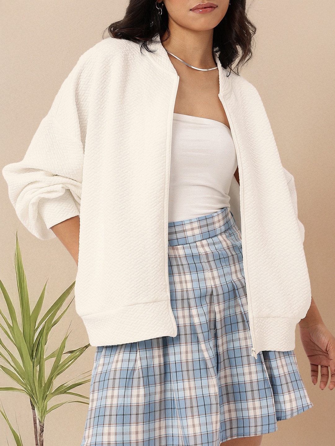 DressBerry Seoul Swag Textured Oversized Tailored Jacket, White