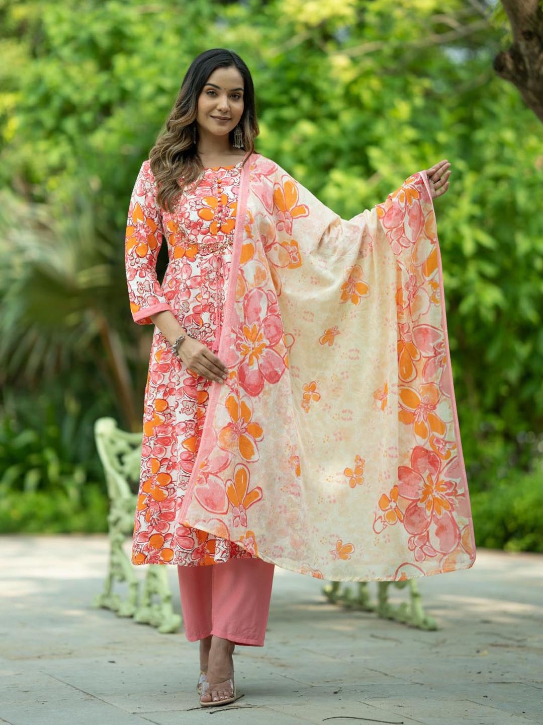 

KALINI Floral Printed Pure Cotton Anarkali Kurta With Trousers & Dupatta, Pink