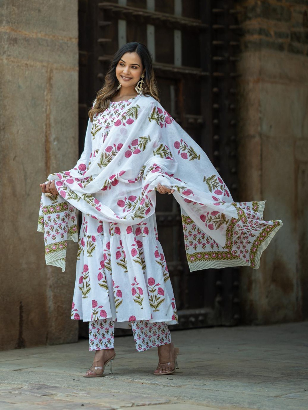 

KALINI Floral Printed Pure Cotton Kurta with Trousers & Dupatta, White